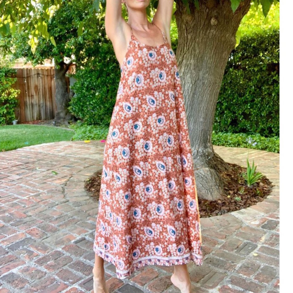 Natalie Martin Anthropologie Boho Cocoa Vintage Flowers Heather Maxi Slip Dress